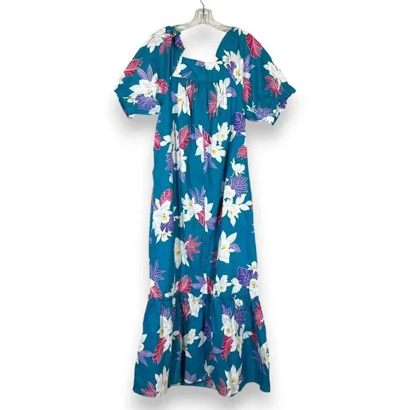 Vintage Hawaiian Maxi Dress Mumu Muumuu Floral Blue Pink White - Picture 2 of 11